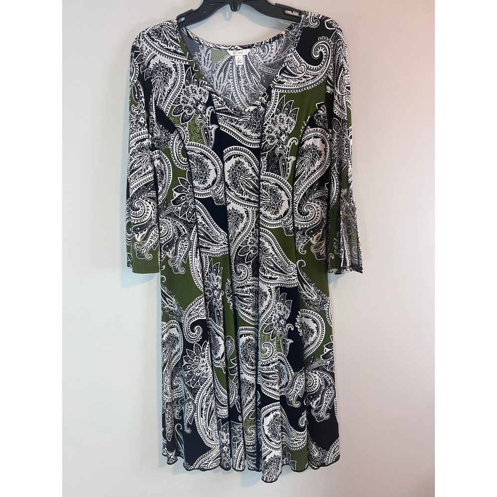 Cato Womens Olive Green Black Paisley V-Neck 3/4 Sleeve Knit Dress Large